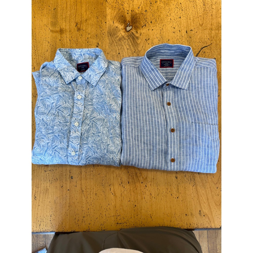 UNTUCKit Linen Short Sleeve Large Lot of 2 Striped and Leaf Print Casual Shirts